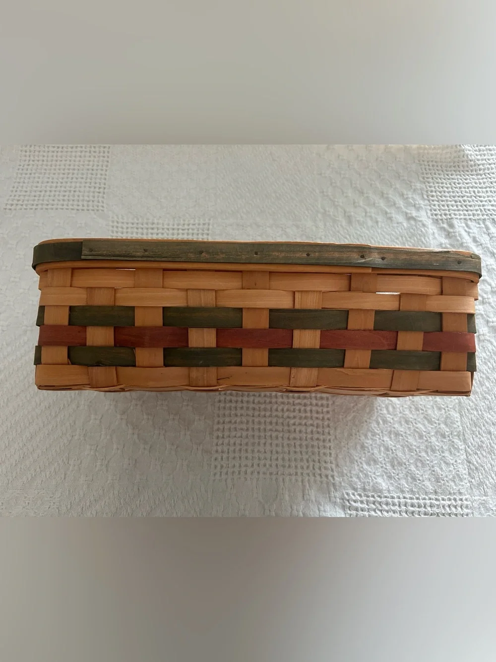 Handwoven Natural Wood Tray Basket with Green and Red Accents